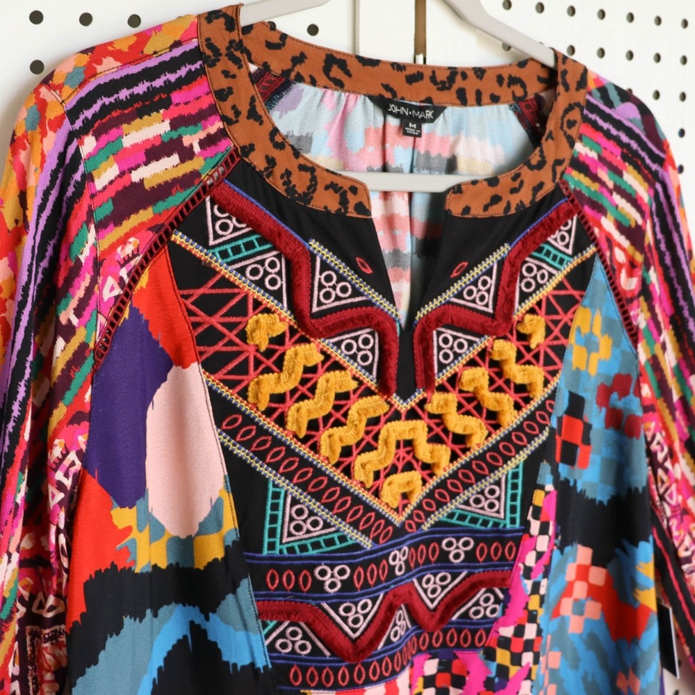 JOHN MARK Multicolor Geometric Floral Embroidered 3/4 Length Sleeve Top SIZE M - Picture 2 of 11